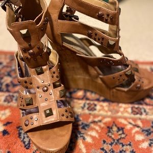 Tan pastry wedge heel with buckles